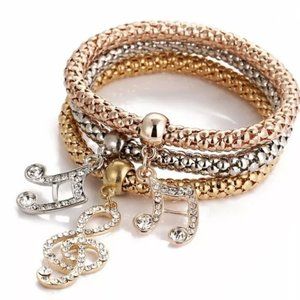 Yellow Gold Silver Rose Gold Tone Music Note Bead Charm Stretch Bracelet Set